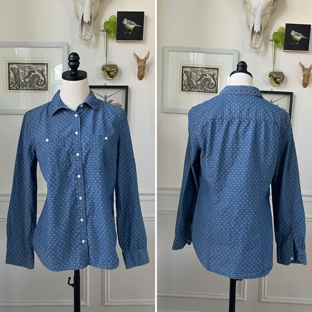 Talbots Pattern Chambray Button Up Shirt Blue M - image 1